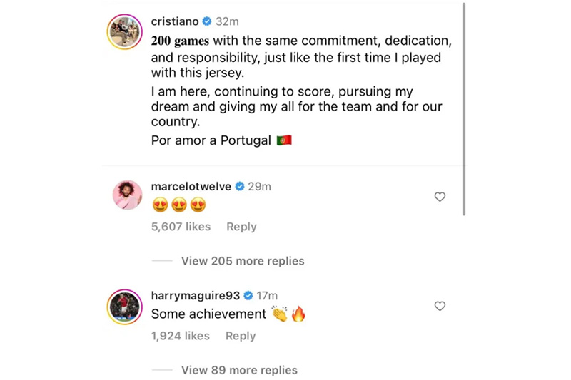 Bài đăng của Ronaldo và các bình luận phía dưới của đồng đội cũ